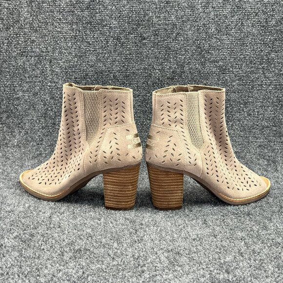Toms Majorca Peep Toe Booties Womens 7.5 Taupe Suede Perforated Leaf Ankle Boots - Picture 6 of 13